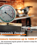 Hands Free Lock On Grease Gun Coupler With Cleaning Tool, 14000 PSI Quick Release, pressure gauge showing 14000 PSI rating