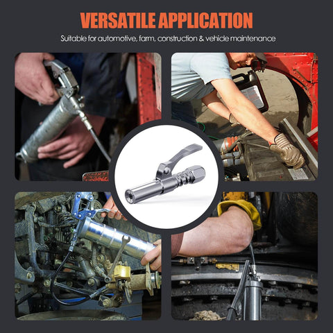 Grease Gun Coupler 2-Pack Quick Release Tips With One-Hand Operation in use on various machinery fitting 1/8 NPT zerk fittings