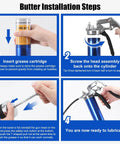 Instruction steps for using Heavy Duty Grease Gun Kit, inserting grease cartridge, assembling head, ready to lubricate.