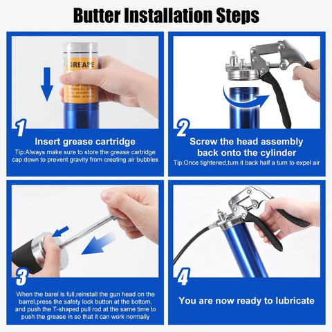 Instruction steps for using Heavy Duty Grease Gun Kit, inserting grease cartridge, assembling head, ready to lubricate.