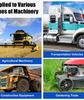 Various machinery types including agricultural, transportation vehicles, construction equipment, and gardening tools.