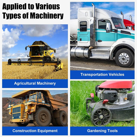 Various machinery types including agricultural, transportation vehicles, construction equipment, and gardening tools.