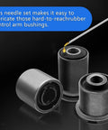 Grease Gun Needle Tip Kit with bent nozzle lubricating control arm bushings for hard-to-reach areas