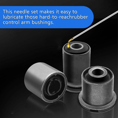 Grease Gun Needle Tip Kit with bent nozzle lubricating control arm bushings for hard-to-reach areas