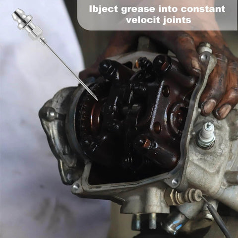 Mechanic using 5pcs Grease Injector Needle, Small Bearing Grease Needle Nozzle for lubricating ball joints.