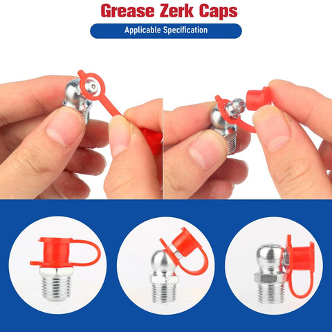 Hands attaching red cap to 135Pcs Grease Fittings Assortment Kit With Metric Zerk Fittings In Straight 45 Degree And 90 Degree Angles