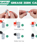 Pro Grade 50 Piece One Eighth Inch Twenty Seven Thread Zerk Grease Fittings Kit knobs with plastic and rubber dust caps