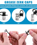315-piece grease fittings set with caps and wrench kit in red box; SAE/metric zerk fittings shown in 180°, 90°, 45° views