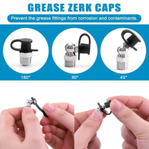 315-piece grease fittings set with caps and wrench kit in red box; SAE/metric zerk fittings shown in 180°, 90°, 45° views