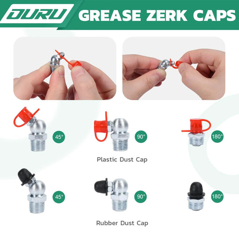 Hands attaching caps to zerk fittings from 260-Piece Grease Fittings Kit For Grease Gun With SAE And Metric Zerk Fittings, angles shown.