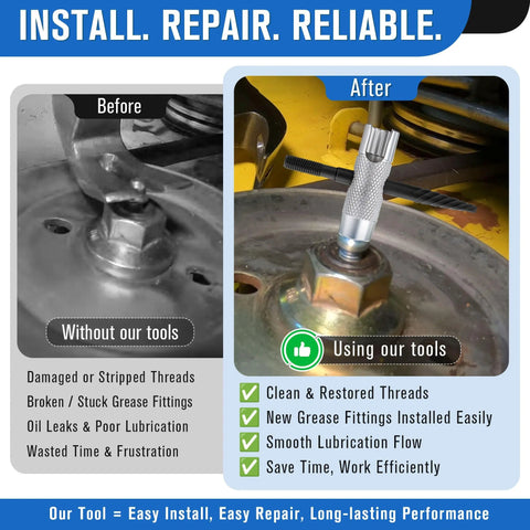 All In One Grease Zerk Fitting Tool Set For Install Remove Rethread With Removal Tool comparison before and after use on machinery