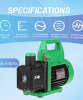 Powerful 110V One Third HP Vacuum Pump With 4.5 CFM Flow For HVAC Service, specifications displayed, green rotary vane air pump