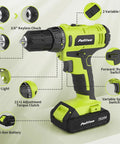20V Cordless Drill Driver Kit With 2 Batteries, 30Nm Torque, 21 Plus 1 Clutch, Two Speed Settings, Keyless Three Eighths Inch Chuck, LED Work Light, Ideal For Home DIY Projects, Green.