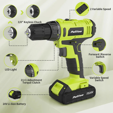 20V Cordless Drill Driver Kit With 2 Batteries, 30Nm Torque, 21 Plus 1 Clutch, Two Speed Settings, Keyless Three Eighths Inch Chuck, LED Work Light, Ideal For Home DIY Projects, Green.