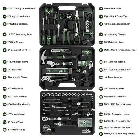 269 Piece Tool Set For Home Auto And Mechanical Repairs Complete DIY Ready Tool Kit With Drawer Organizer Green