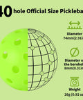 Green 4 pcs Pickleball Balls,40 Holes Indoor Pickleball balls,8mm Precision Drilled-Spaced Pickle ball Set with dimensions and weight.
