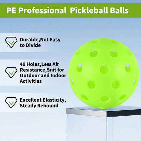 Green PE professional pickleball ball with 40 holes on display, text highlighting durability and suitability for indoor/outdoor use