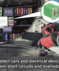 Six Pack 40A Square Auto Fuses for SUVs Cars Trucks Boats installed in fuse box with close-up of green low profile fuse
