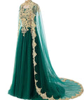 Elegant A Line Bridal Dress With Gold Applique Sleeveless Cape For Formal Wedding Party Evening Prom Ball Gown Long Length