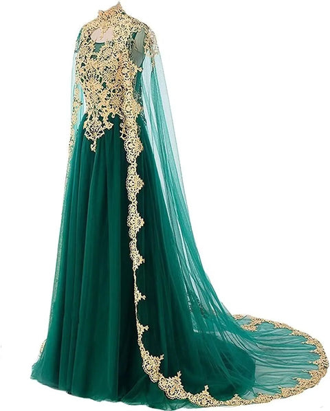 Elegant A Line Bridal Dress With Gold Applique Sleeveless Cape For Formal Wedding Party Evening Prom Ball Gown Long Length