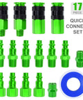 Pro Grade 17 Piece Aluminum Air Fittings Kit With One Quarter Inch NPT Couplers And Plugs, green, leak proof, corrosion resistant
