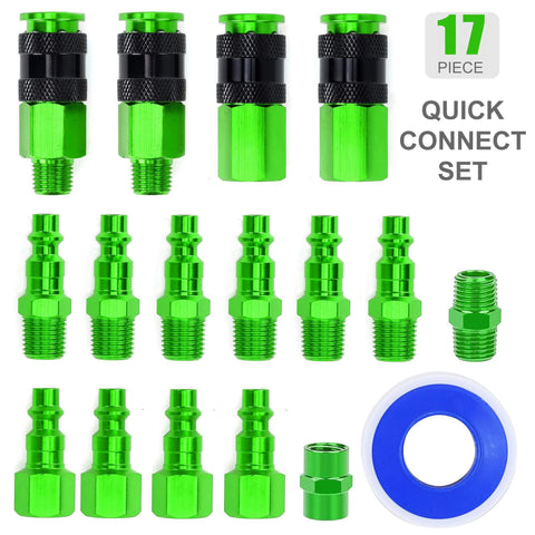 Pro Grade 17 Piece Aluminum Air Fittings Kit With One Quarter Inch NPT Couplers And Plugs, green, leak proof, corrosion resistant