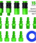 Rugged Aluminum Air Coupler And Plug Kit, 15 Piece Pro Grade Set With Quarter Inch NPT Quick Connect Air Fittings, Green Finish