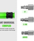 Rugged Aluminum Air Coupler And Plug Kit, 15 Piece Pro Grade Set With Quarter Inch NPT Quick Connect Air Fittings, Green Finish