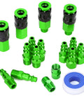 Pro Grade 17 Piece Aluminum Air Fittings Kit With One Quarter Inch NPT Couplers And Plugs, Industrial Quick Connector Set, Green