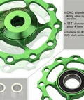 Pulley Bicycle Aluminum Guide Wheel Rear Derailleur Metal Bearing Guide Piece Mountain Road Bike Accessories Pulley Bearing, close-up of green CNC aluminum design with bearing