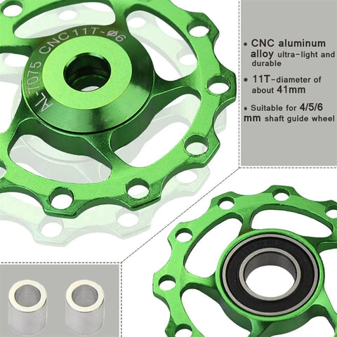 Pulley Bicycle Aluminum Guide Wheel Rear Derailleur Metal Bearing Guide Piece Mountain Road Bike Accessories Pulley Bearing, close-up of green CNC aluminum design with bearing