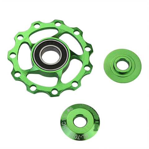 Green aluminum Pulley Bicycle Aluminum Guide Wheel Rear Derailleur Metal Bearing Guide Piece with stainless steel components.