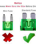 Comparison of green mini fuse and "stardand" fuse with notice to check size before order, includes red cross and green check symbol.