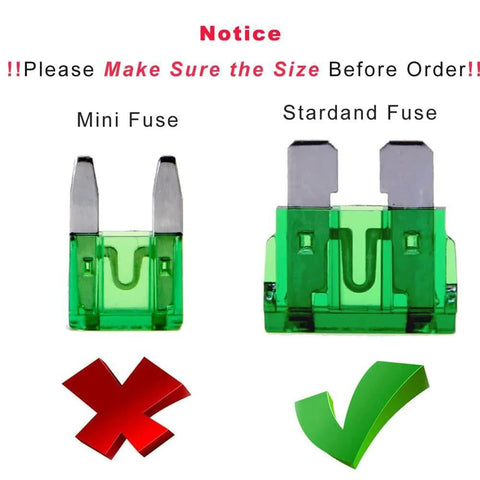 Comparison of green mini fuse and "stardand" fuse with notice to check size before order, includes red cross and green check symbol.