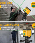 Efficient green beam laser level with dual modules and self leveling cross line projection, delivers bright, accurate lines up to 100 ft for tile, carpentry, and renovation; includes a 31.5 inch tripod for fast, stable setup on any job