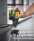 Efficient green beam laser level with dual modules and self leveling cross line projection on tripod for stable setup