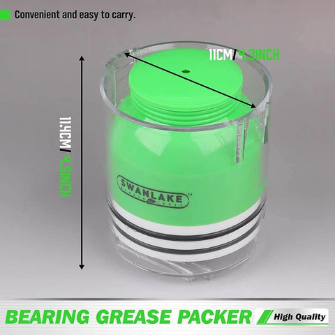 Close-up of Premium Bearing Packer Kit in green, showing dimensions, 11cm height, part of Portable Handy Wheel Bearing Packer Tool.
