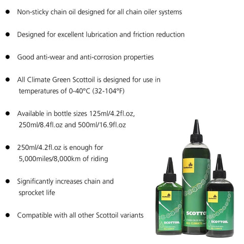Three bottles of All Climate Green Scottoil chain oil with benefits list, compatible with Micro X System 3.0 Plus Bluetooth Enabled Chain Lubrication System.