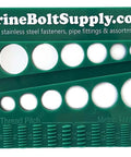 Front view of Bolt And Screw Gauge For Standard And Metric Coarse And Fine Diameters Lengths And Thread Pitch in green plastic.