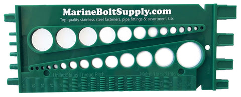 Front view of Bolt And Screw Gauge For Standard And Metric Coarse And Fine Diameters Lengths And Thread Pitch in green plastic.