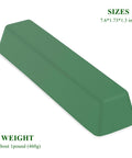 Green buffing compound bar for metal polishing removes scratches and restores a bright, smooth finish on stainless steel, chrome, iron, nickel, aluminum and brass when used on buffing wheels; solid 1 lb abrasive, size 7.6x1.73x1.3 inches