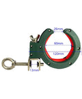 Two Pack Green Cable Tray Rollers for Wire Routing, Red Axle Design, showing measurements and screw installation features.