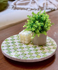 12 Inch Checkered Lazy Susan Handcrafted Capiz Shell Turntable Inlaid On Pine Wood With Pistachio Green Checker Pattern on table