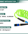 One Quarter Inch By Ten Foot Pro Grade Reinforced Polyurethane Air Hose With Bend Restrictor And Self Coiling Design Includes IM Plug Kit And Industrial Quick Coupler For Air Compressors Lightweight Durable Abrasion Puncture Grease Resistant Green