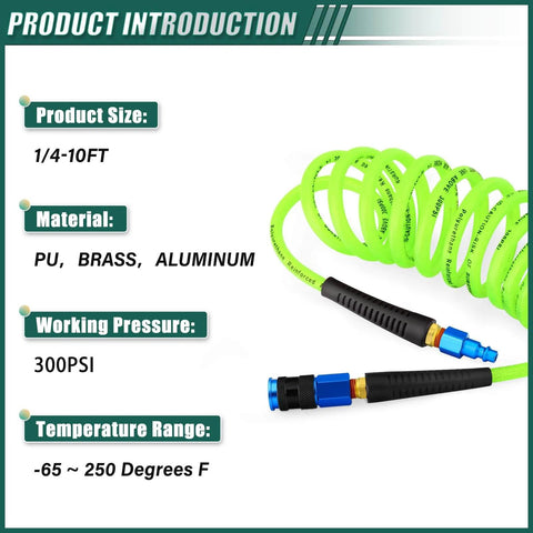 One Quarter Inch By Ten Foot Pro Grade Reinforced Polyurethane Air Hose With Bend Restrictor And Self Coiling Design Includes IM Plug Kit And Industrial Quick Coupler For Air Compressors Lightweight Durable Abrasion Puncture Grease Resistant Green