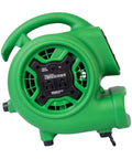 Side view of a green Compact Mighty Air Mover With One Quarter HP Motor Delivers 925 CFM For Fast Surface Drying Of Carpets Floors
