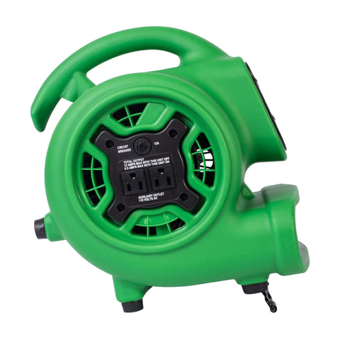 Side view of a green Compact Mighty Air Mover With One Quarter HP Motor Delivers 925 CFM For Fast Surface Drying Of Carpets Floors