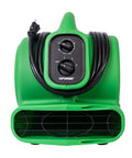 Front view of green Compact Mighty Air Mover with One Quarter HP Motor Delivers 925 CFM for fast surface drying of carpets floors furniture and walls
