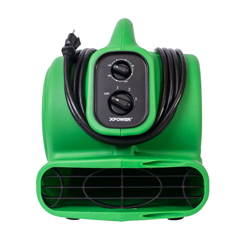 Front view of green Compact Mighty Air Mover with One Quarter HP Motor Delivers 925 CFM for fast surface drying of carpets floors furniture and walls