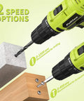 20V Cordless Drill Driver Kit With 2 Batteries, 30Nm Torque, 21 Plus 1 Clutch, Two Speed Settings, Keyless Three Eighths Inch Chuck, Ideal For Home DIY Projects, Green, showing drilling and screwdriver functions with LED Work Light.